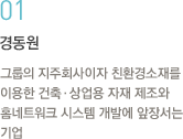 01.경동원:그룹의 지주회사이자 친환경소재를 이용한 건축·상업용 자재 제조와 홈네트워크 시스템 개발에 앞장서는 기업 