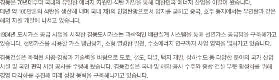 매년 100만 톤 가량의 무연탄을 생산하고 있는 경동은 국내 제1의 민영탄광으로 각광받고 있습니다. 현재 해외 유연탄 개발에도 적극 나서는 등 지난 70년대부터 이어온 석탄 자원개발을 지속화하고 있습니다.지난 1984년부터 도시가스를 공급해온 경동도시가스는 천연가스 공급 망 구축과 충전소를 설립하고 있으며, 천연가스를 사용한 가스냉난방기, 소형 열 병합 발전, 주소에너지 연구를 통해 에너지원 가공에 힘쓰고 있습니다.경동개발과 경동건설은 고속도로, 철도, 터널, 택지개발, 상하수도 등 각종 시설공사 및 토목과 조경사업까지 국민편의를 위해 지금도 여러 현장에서 공사를 진행하고 있습니다.