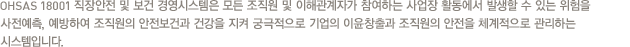 OHSAS 18001 직장안전 및 보건 경영시스템은 모든 조직원 및 이해관계자가 참여하는 사업장 활동에서 발생할 수 있는 위험을 사전예측, 예방하여 조직원의 안전보건과 건강을 지켜 궁극적으로 기업의 이윤창출과 조직원의 안전을 체계적으로 관리하는 시스템입니다.