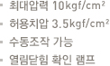 최대압력 10kgf/cm².허용치압 3.5kgf/cm².수동조작 가능. 열림

닫힘 확인 램프 